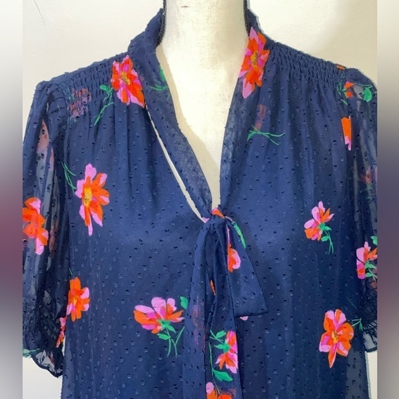 DKNY Floral Print Tie-Neck Mini Shift Dress in Navy Sz. 16 - Picture 6 of 12